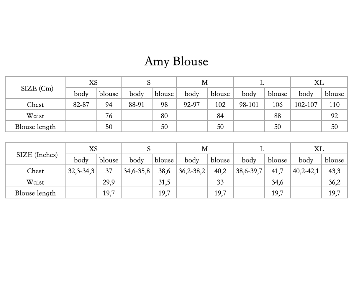 Amy inen blouse size chart