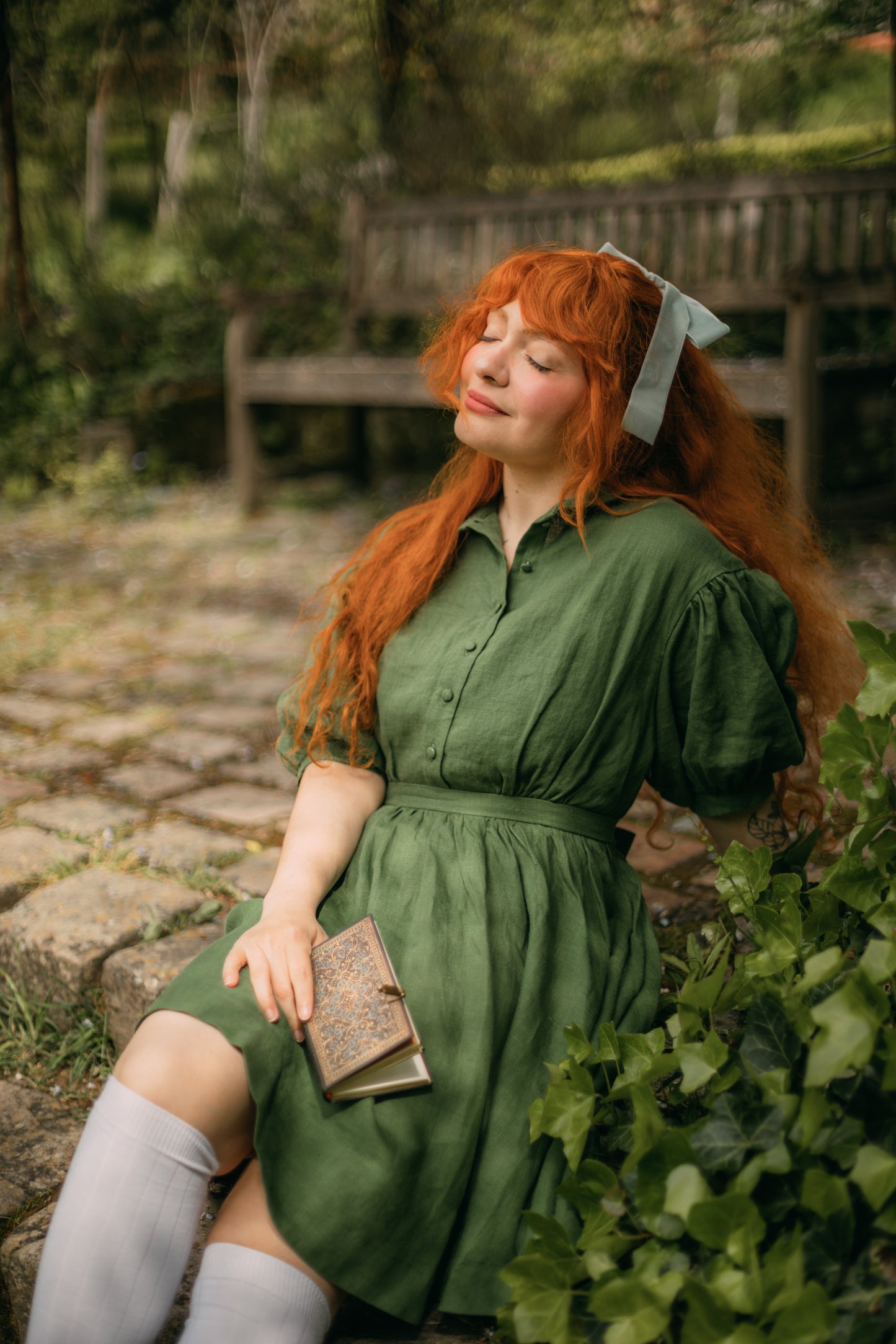 Mini Meg linen dress, grass green linen