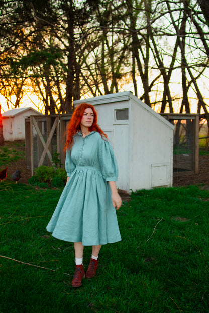 Meg linen Dress with 3/4 sleeves, Mint color linen 