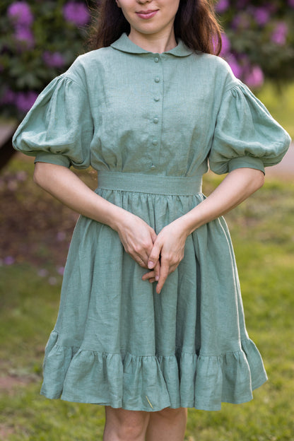 Mini Meg linen dress with ruffles, mint green dress