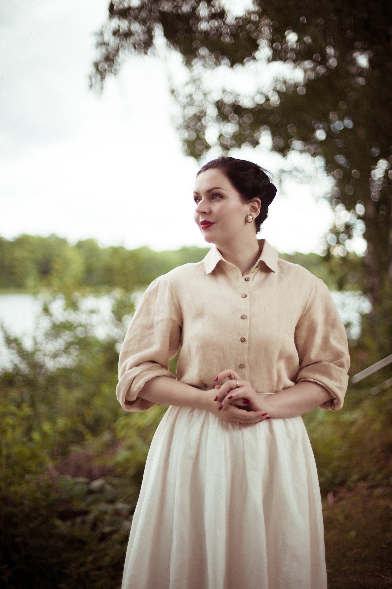 Amy Linen Skirt in white and pink shirt for women