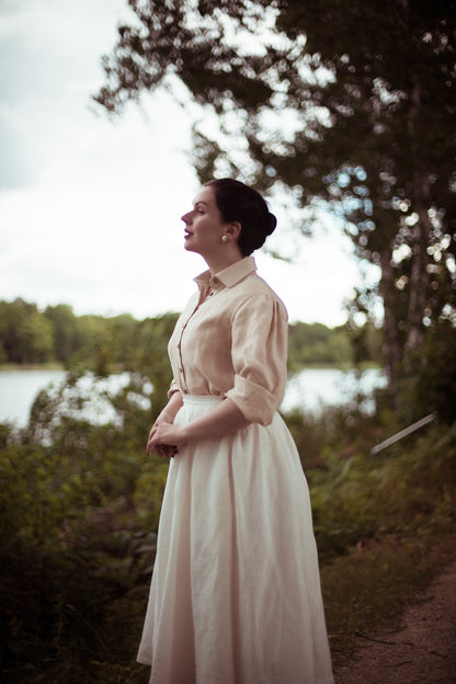 Amy Linen Skirt in white and pink shirt