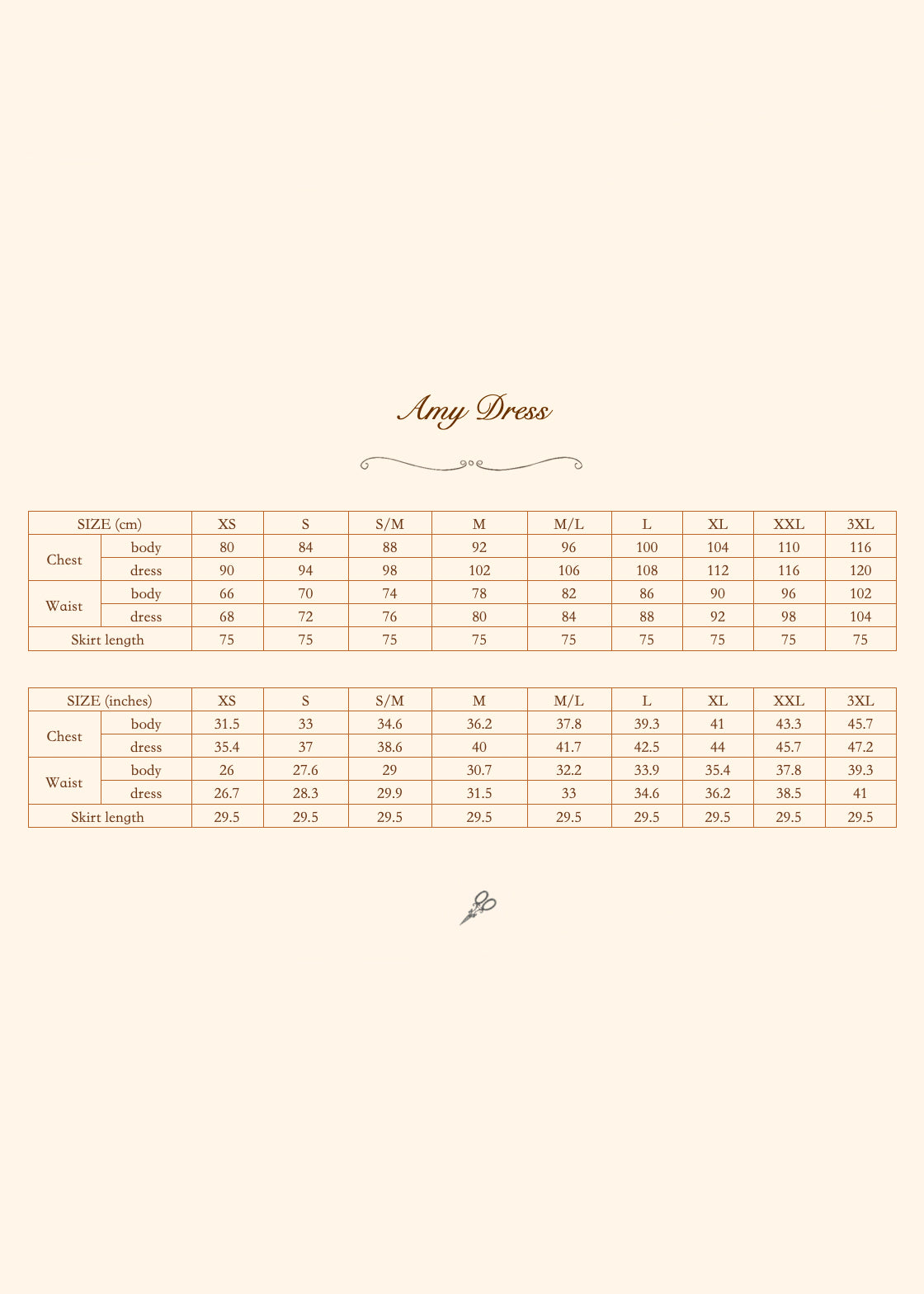 Amy linen dress size chart