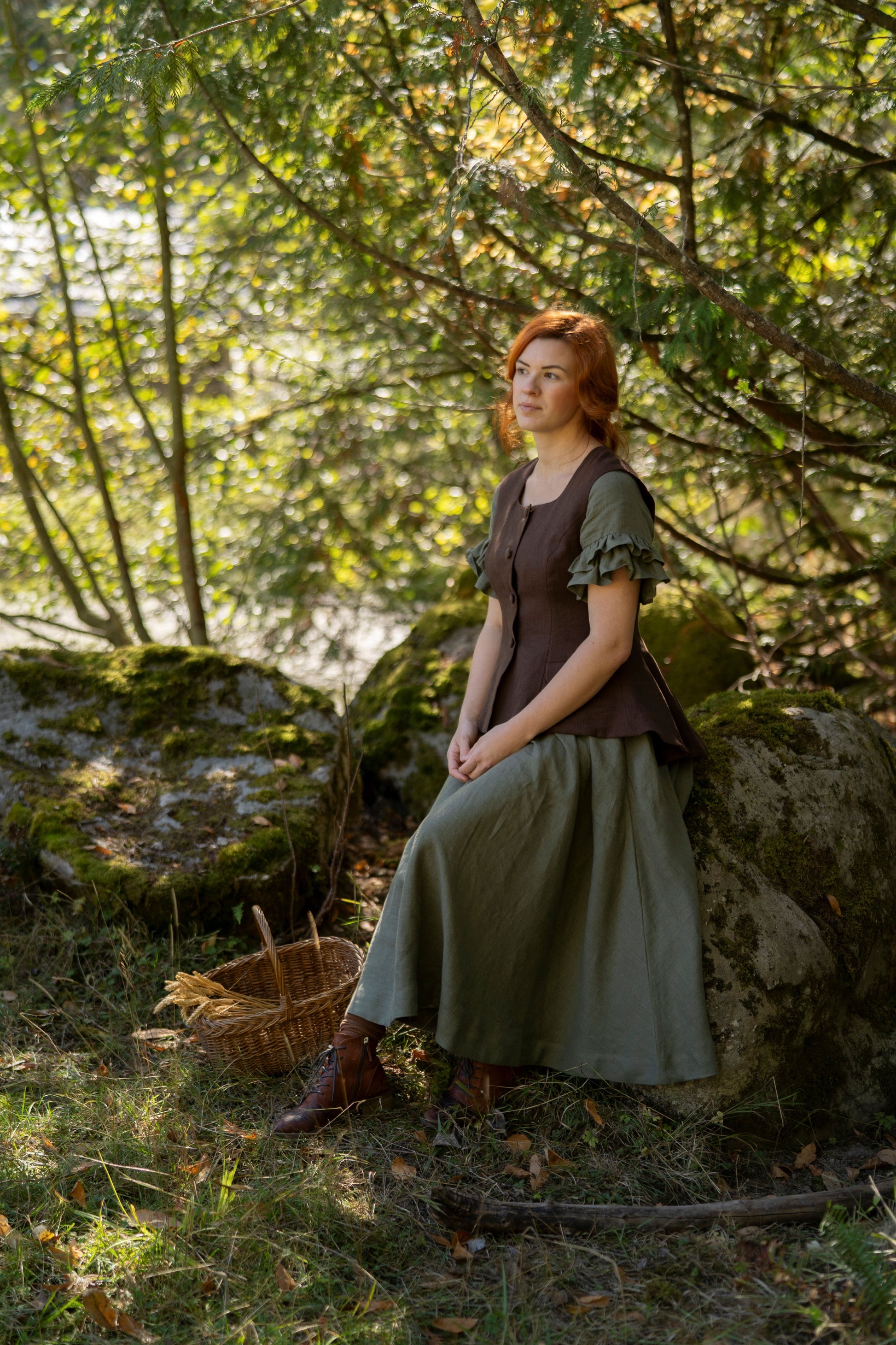 Claire Linen Vest and Odette dress in Sage Green, LWA and Underatinroof collection of brand new linen items, vests, dresses, corset, bustiers for women. Cottagecore fashion