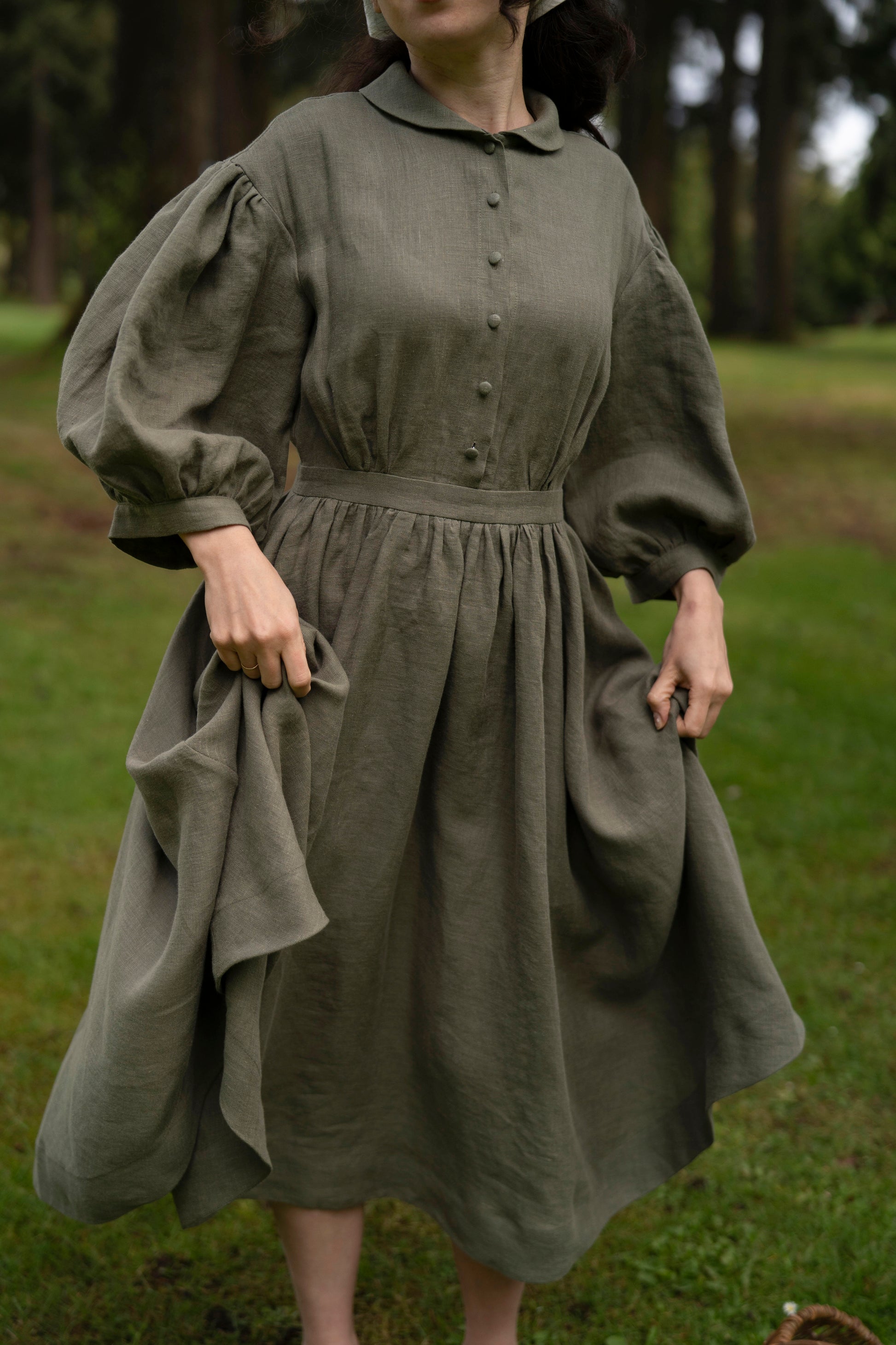 Meg linen Dress with 3/4 sleeves, sage green color linen 