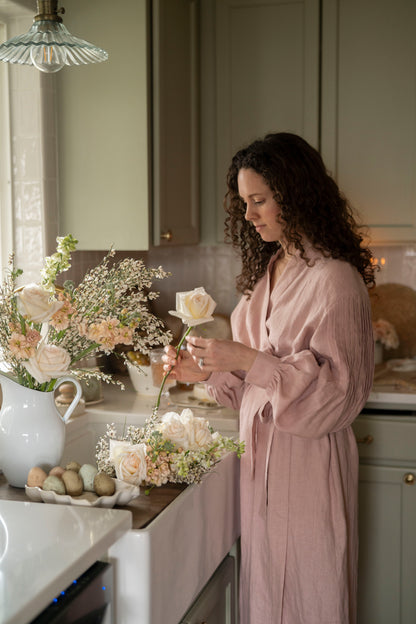 Linen bathrobe in dusty pink color