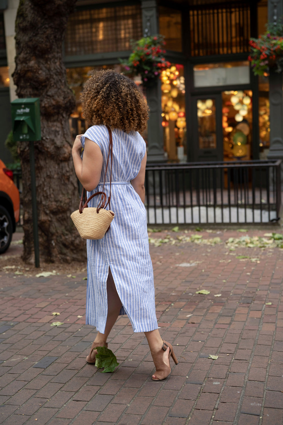 Linen Look Stripe Dress With Flowers