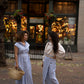 Wrap linen skirt striped and striped dress with straw bag