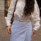 Wrap linen skirt striped with leather belt and linen blouse