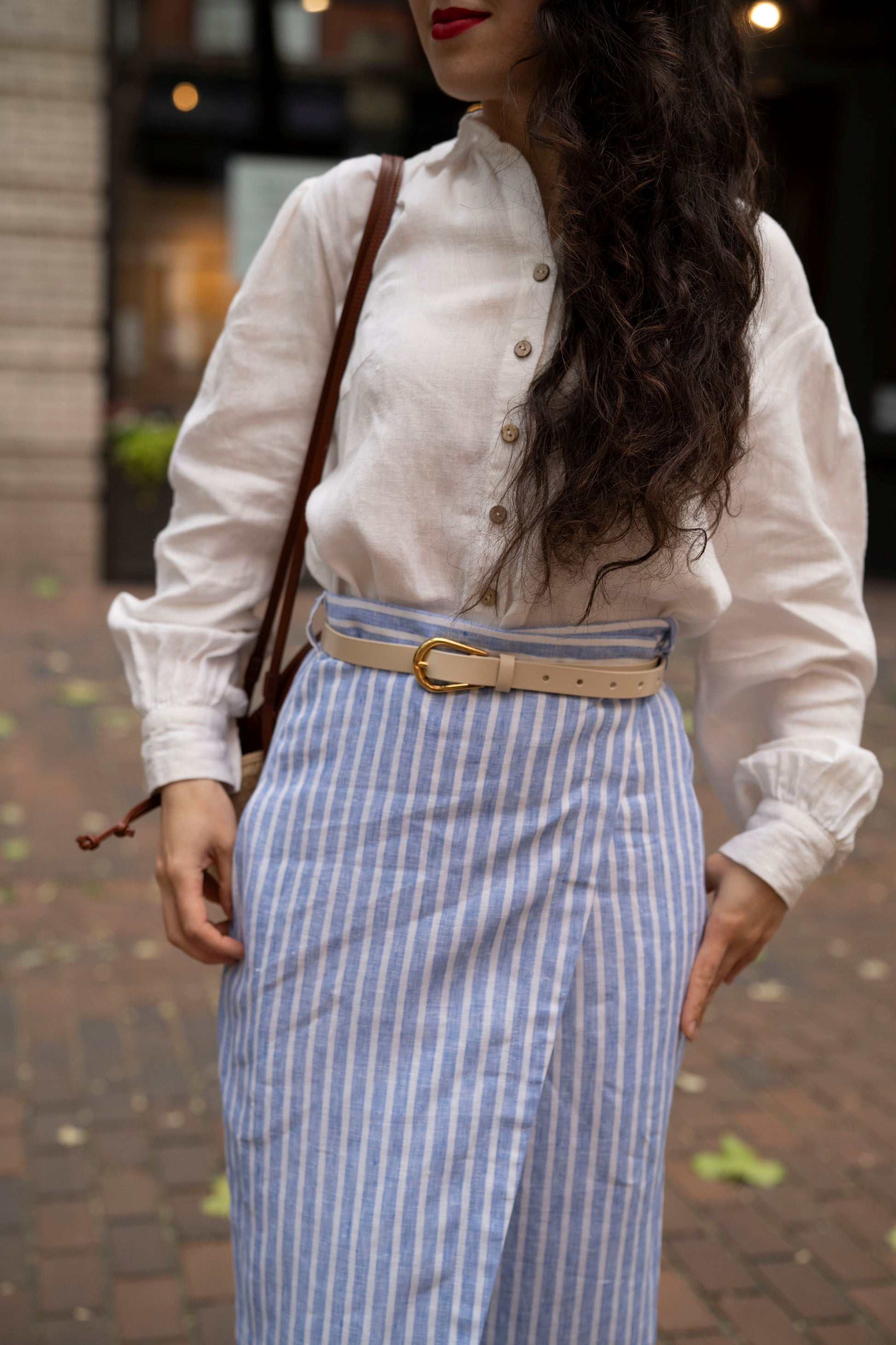 Wrap linen skirt striped with leather belt and linen blouse