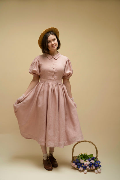 Beth linen dress with short sleeves, puffy sleeves, dyusty pink linen dress