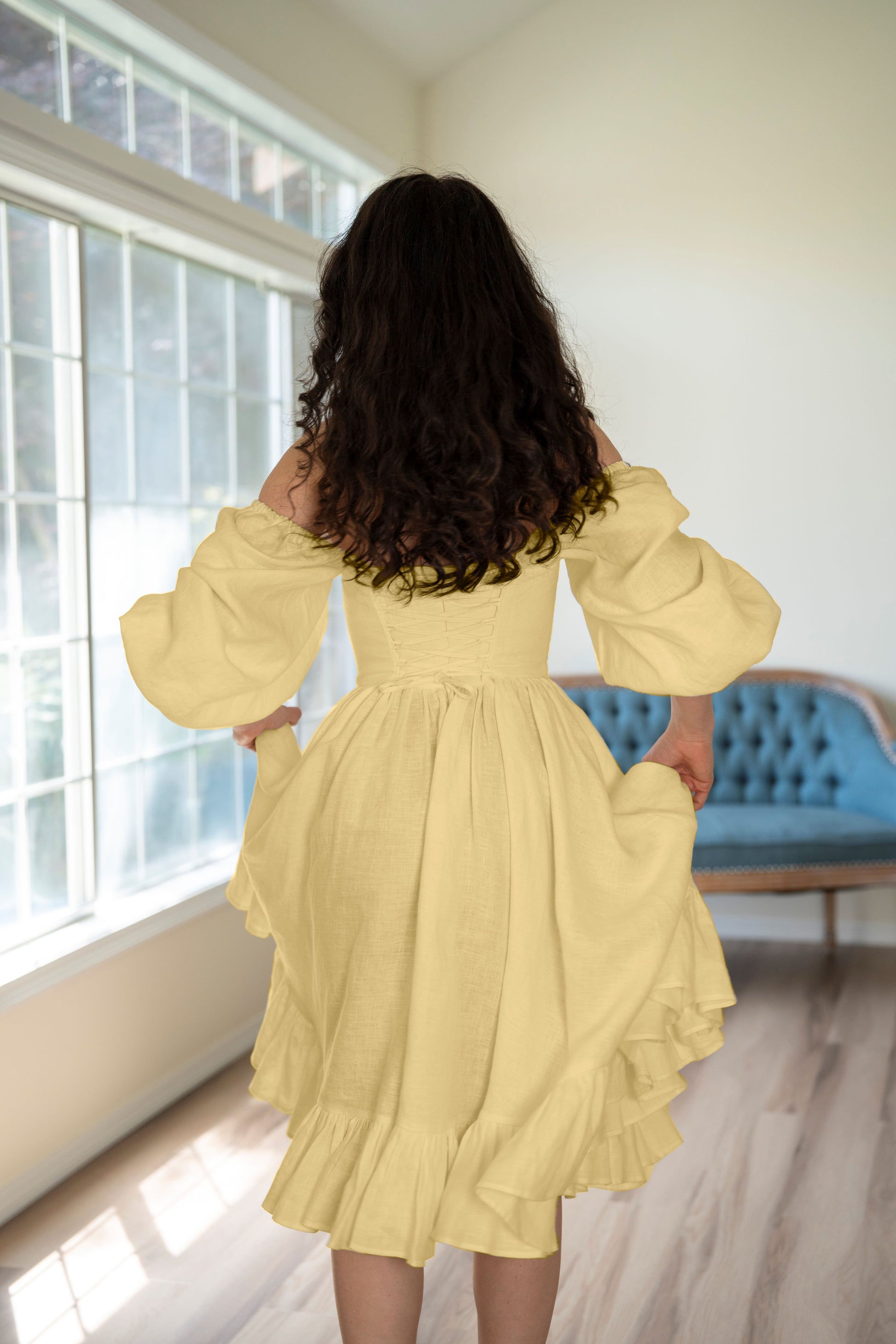 butter yellow linen dress V-Neck Midi - Staple The Label down front for adjustable styling Butter Yellow Linen Button-Front Dress