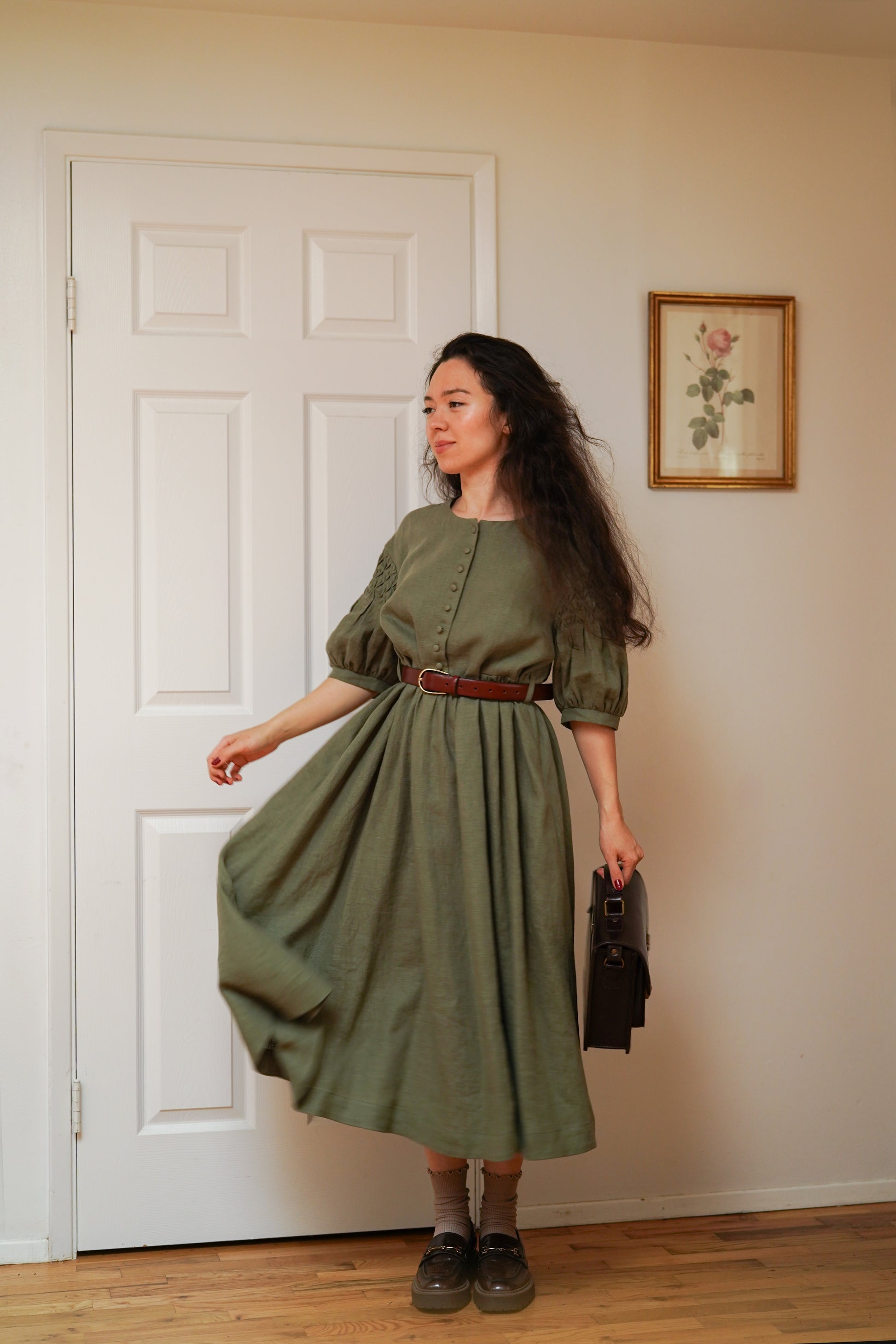 linen dresses with short sleeves linen shirtdress with short sleeves, A-line linen summer dress with classic collar, linen midi shirt dress with belt, casual linen dress EVA