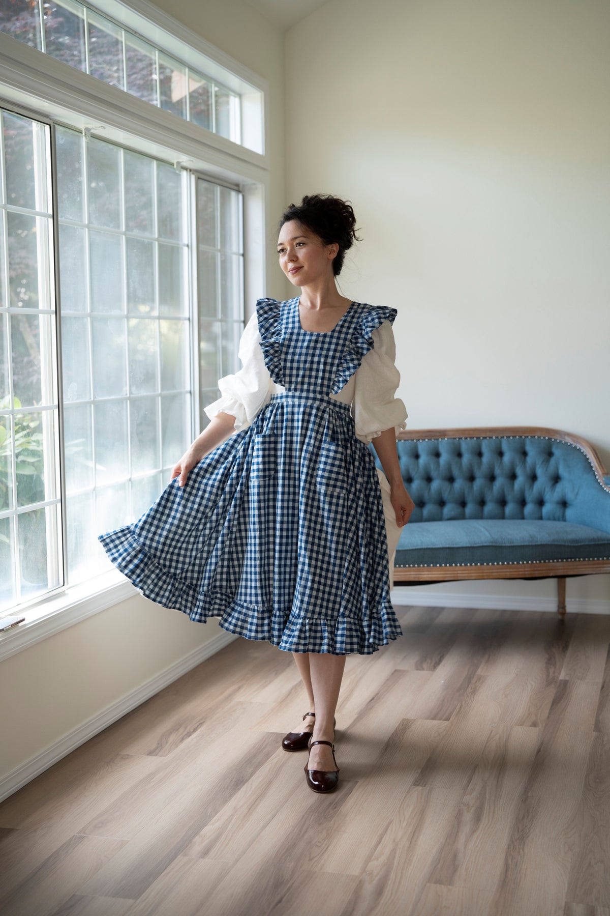 blue gingham pinafore dress Meg linen Collection V Bust:36