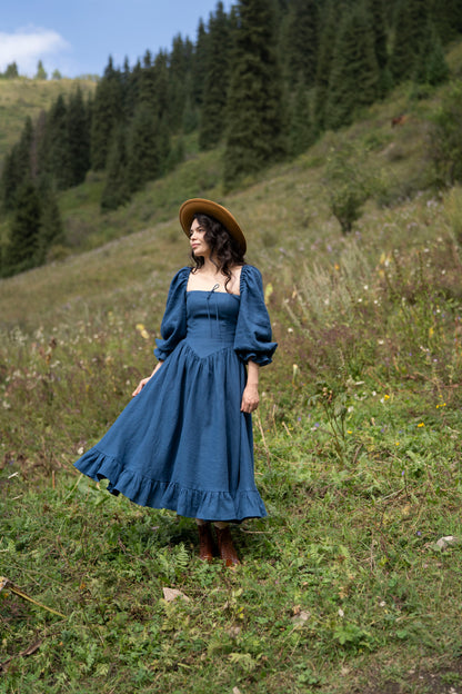 August Night dress. Linen Dress, puffy sleeves, Linen Clothing, Slow Fashion