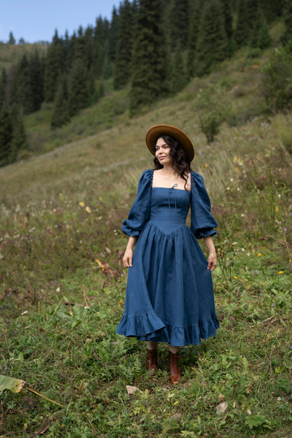 August Night dress. Linen Dress, puffy sleeves, Linen Clothing, Slow Fashion