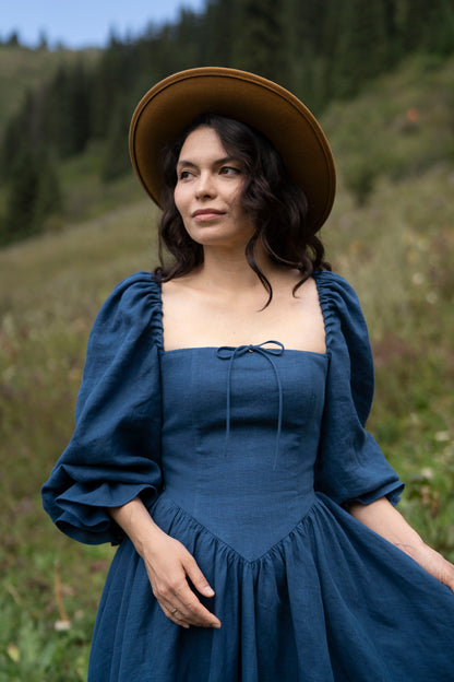 August Night dress. Linen Dress, puffy sleeves, Linen Clothing, Slow Fashion