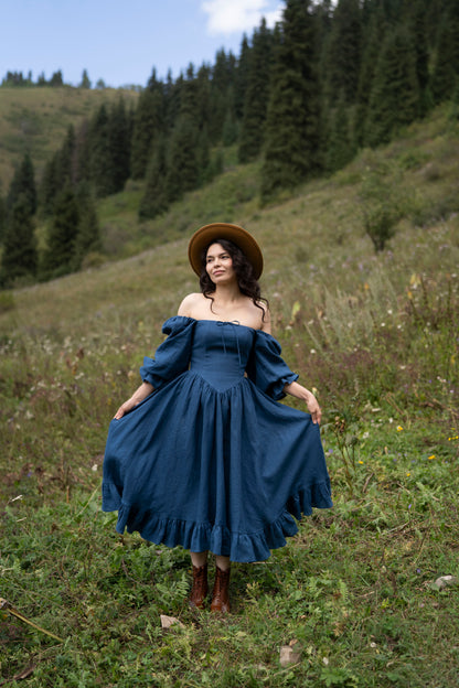 August Night dress. Linen Dress, puffy sleeves