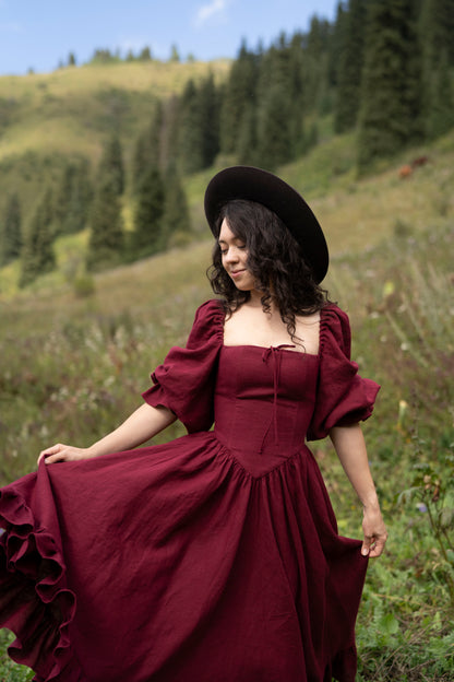 August Night dress. Linen Dress, puffy sleeves