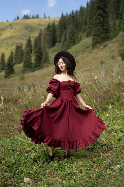 August Night dress. Linen Dress, puffy sleeves