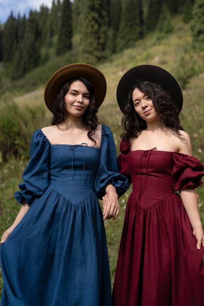 August Night dress. Linen Dress, puffy sleeves