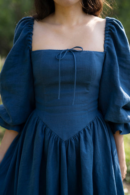 August Night dress. Linen Dress, puffy sleeves