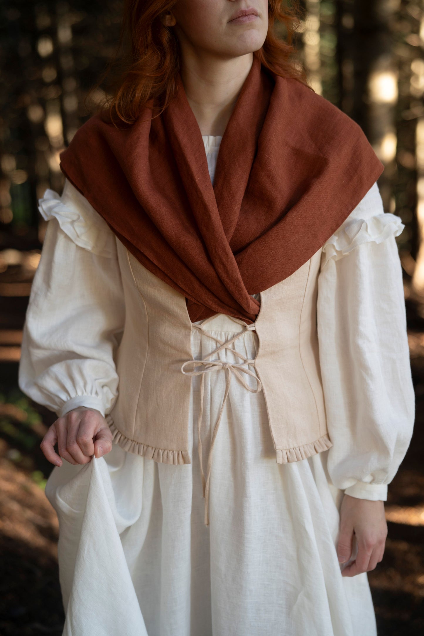 Elaine Linen Scarf in rust color, LWA & UnderATinRoof collection of linen items, vests, dresses, corset, chemise