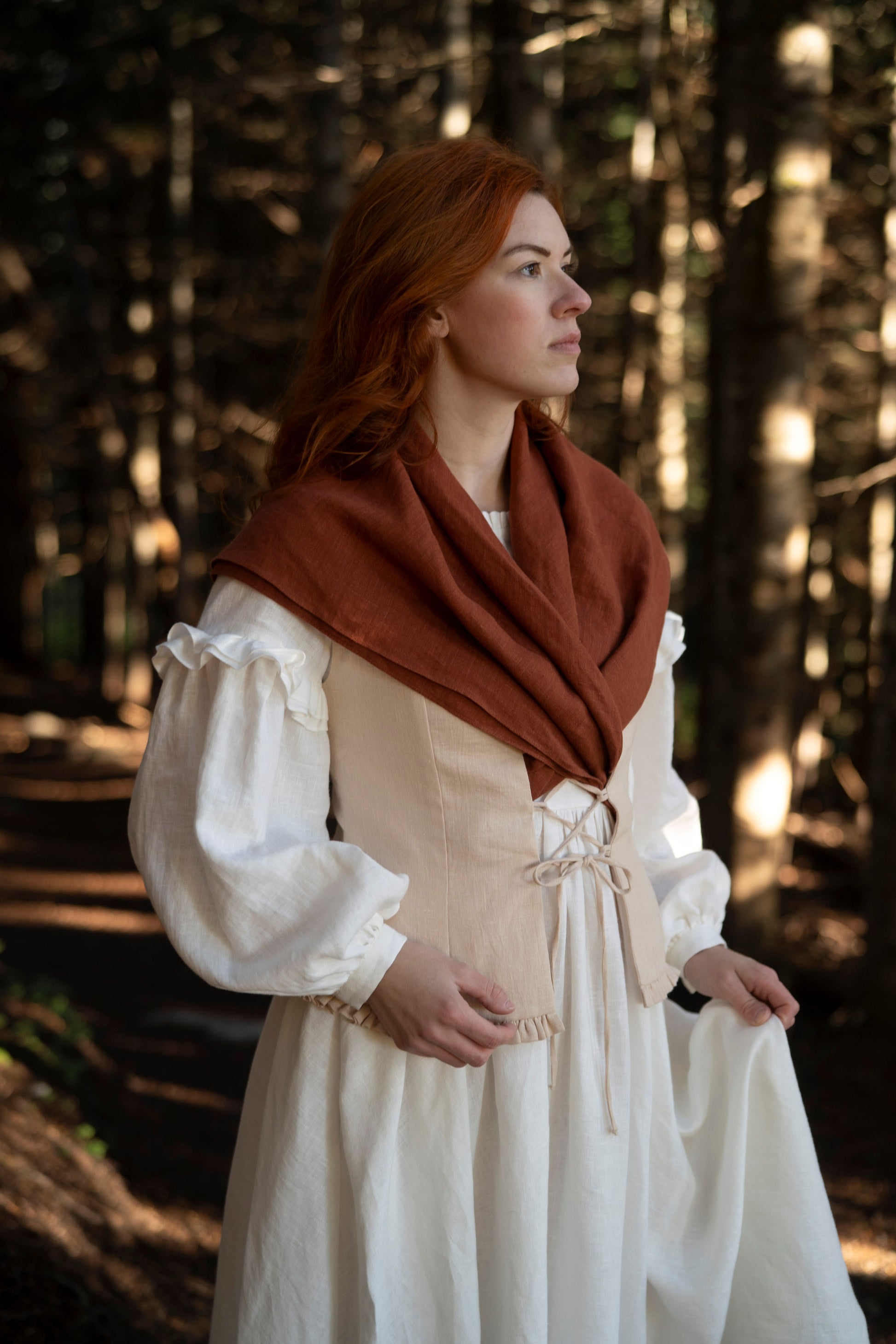 Elaine Linen Scarf in rust color, LWA & UnderATinRoof collection of linen items, vests, dresses, corset, chemise. Cottagecore fashion