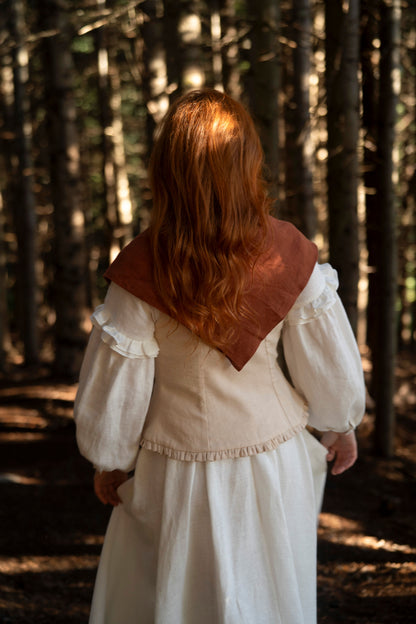 Elaine Linen Scarf in rust color, LWA & UnderATinRoof collection of linen items, vests, dresses, corset, chemise. slowfasion style