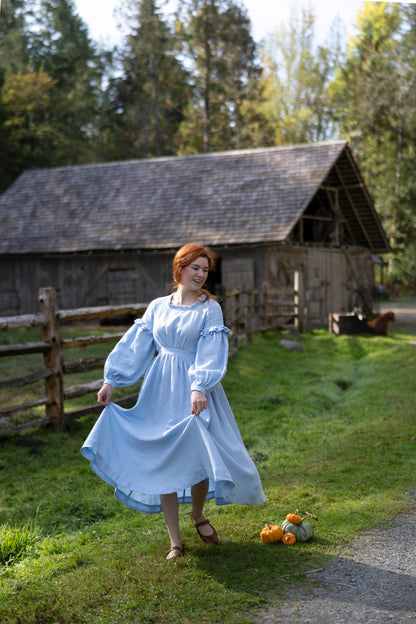 Ella Linen Dress in sky blue. Autumn in countryside. Collection of linen items by LWA and UnderATinRoof.