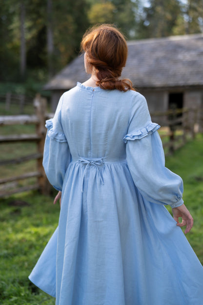 Ella Linen Dress in sky blue. Autumn in countryside. Collection of linen items by LWA and UnderATinRoof. Brand new linen items, linen vests, corset, dresses, scarf, skirts. 