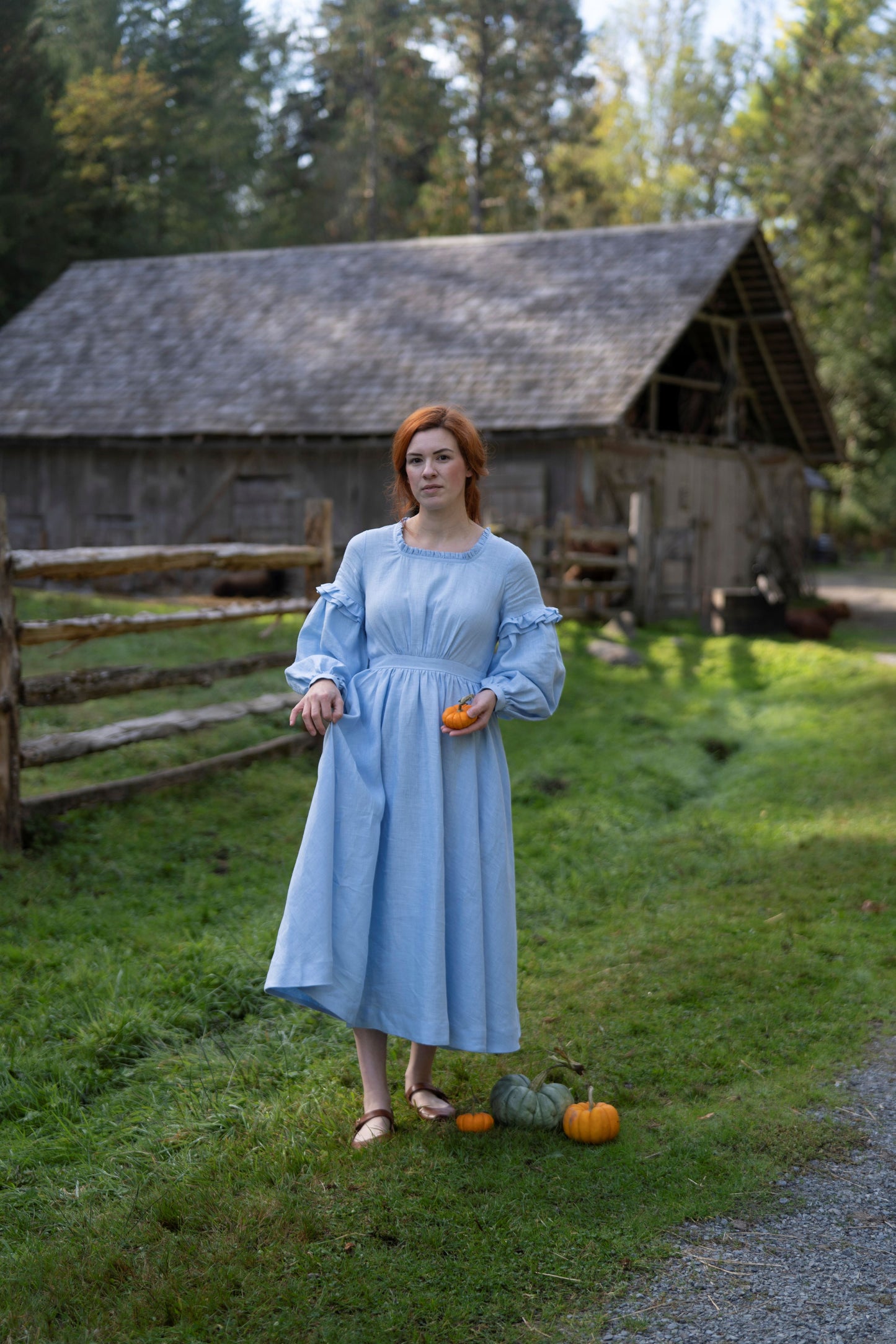 Ella Linen Dress in sky blue. Autumn in countryside. Collection of linen items by LWA and UnderATinRoof. Cottagecore fashion