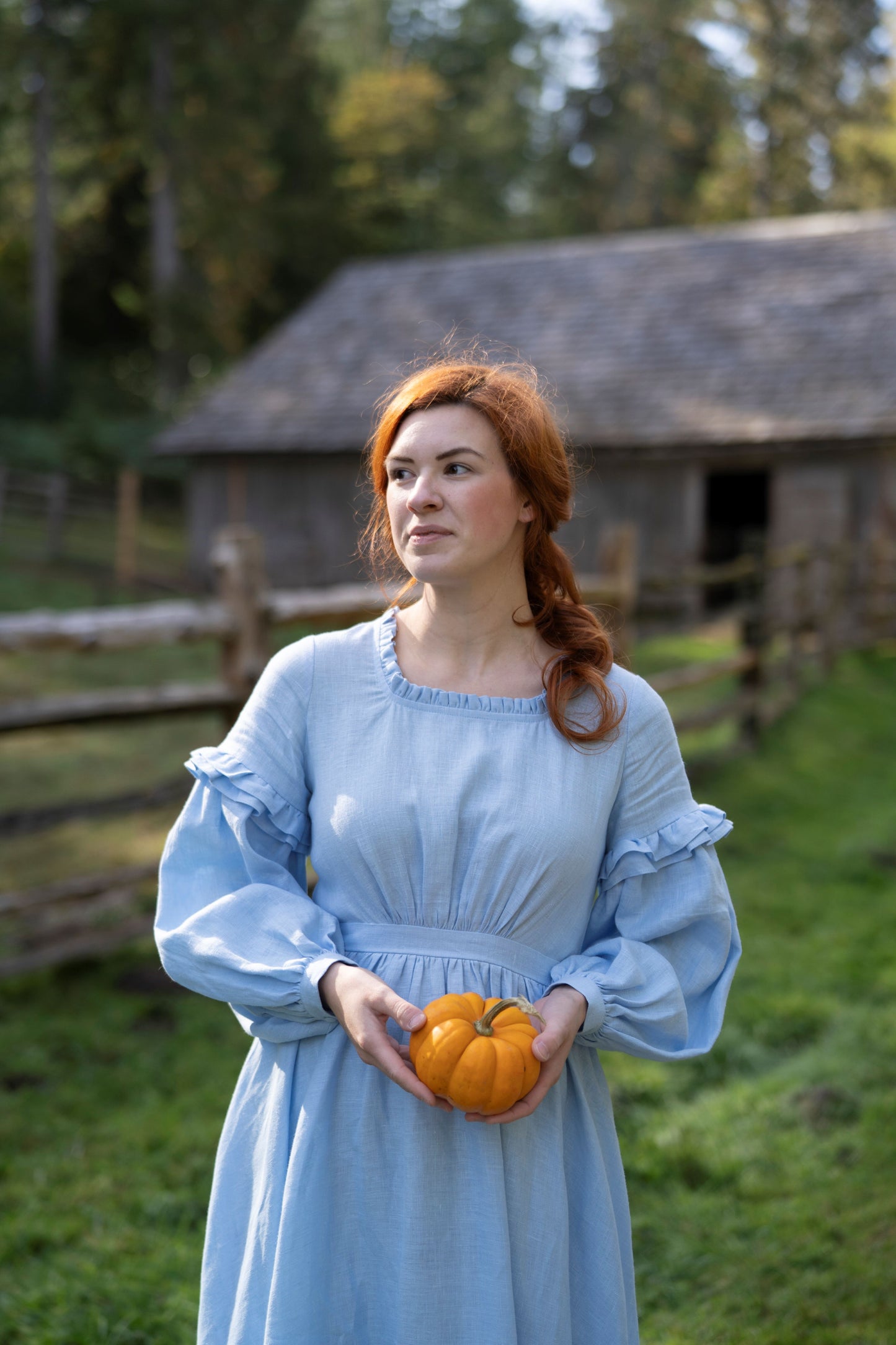 Ella Linen Dress in sky blue. Autumn in countryside. Collection of linen items by LWA and UnderATinRoof. Cottagecore fashion. Sustaiable clothes