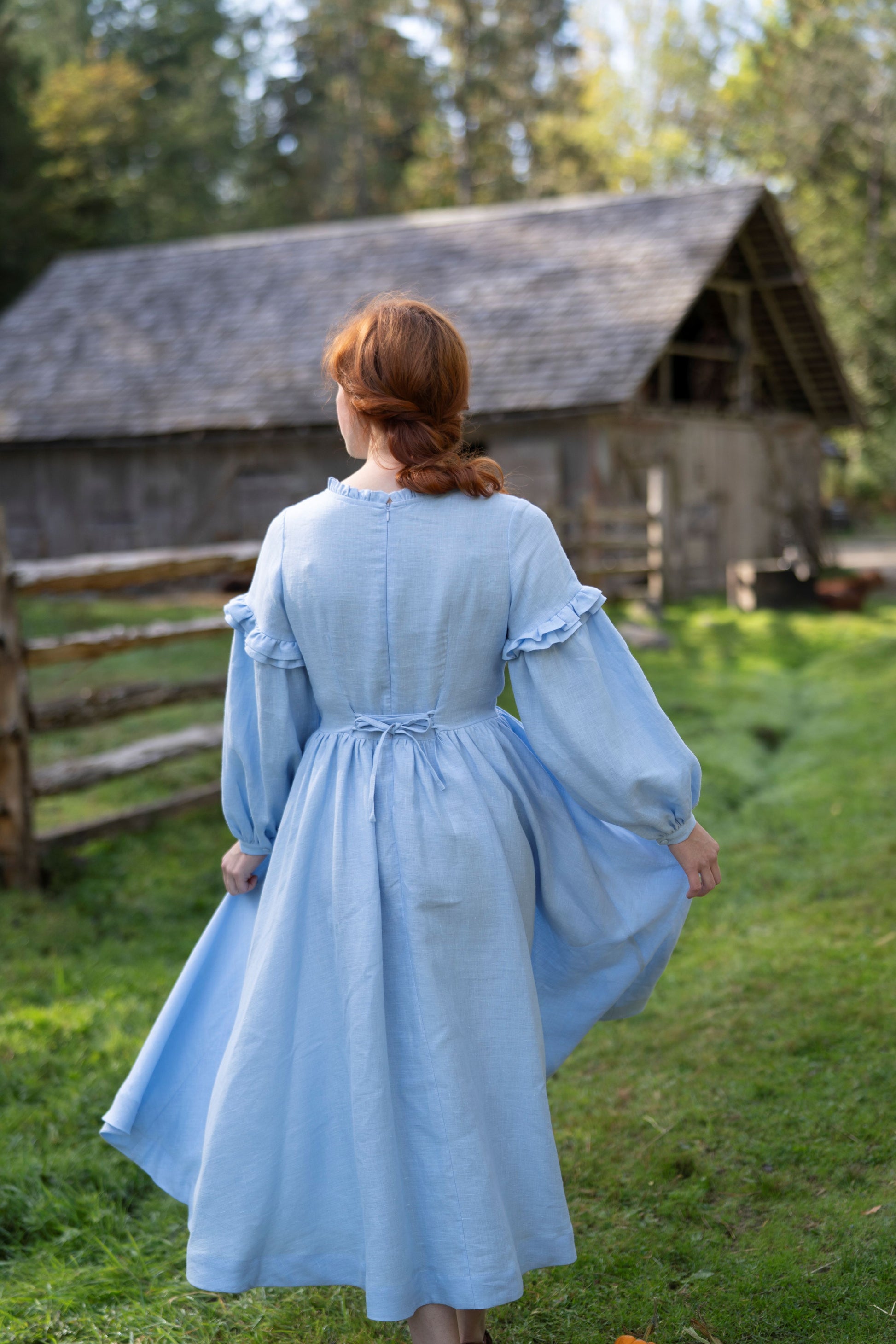 Ella Linen Dress in sky blue. Autumn in countryside. Collection of linen items by LWA and UnderATinRoof. Cottagecore fashion