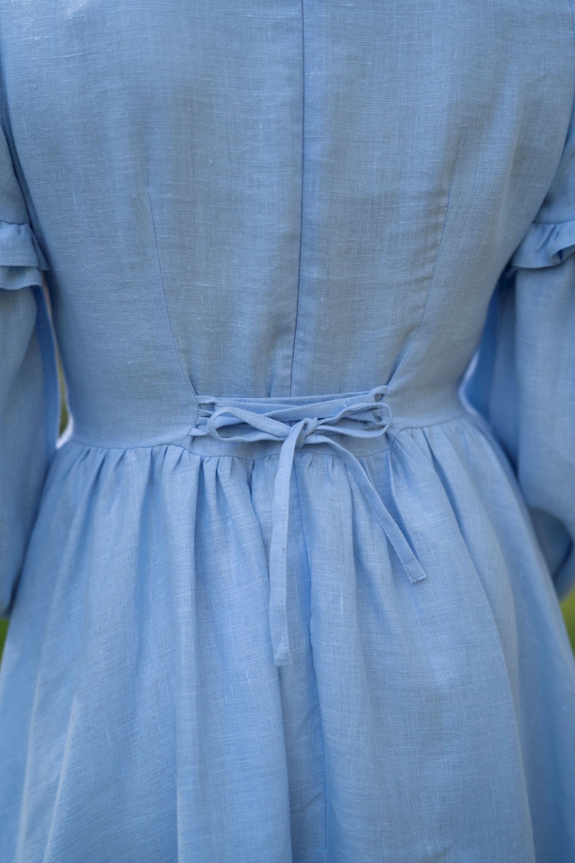 Ella Linen Dress in sky blue. Autumn in countryside. Collection of linen items by LWA and UnderATinRoof. Brand new linen items, linen vests, corset, dresses, scarf, skirts