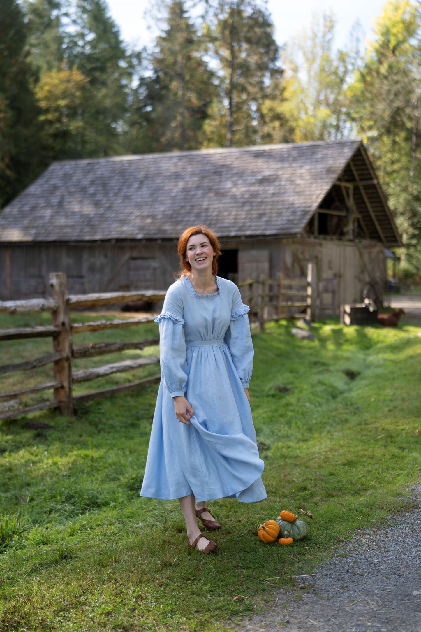 Ella Linen Dress in sky blue. Autumn in countryside. Collection of linen items by LWA and UnderATinRoof. Brand new linen items, linen vests, corset, dresses, scarf, skirts