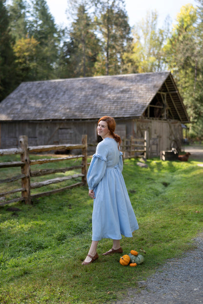 Ella Linen Dress in sky blue. Autumn in countryside. Collection of linen items by LWA and UnderATinRoof. Brand new linen items, linen vests, corset, dresses, scarf, skirts. October harvest