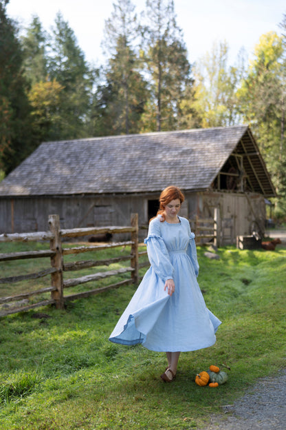 Ella Linen Dress in sky blue. Autumn in countryside. Collection of linen items by LWA and UnderATinRoof. Brand new linen items, linen vests, corset, dresses, scarf, skirts. 