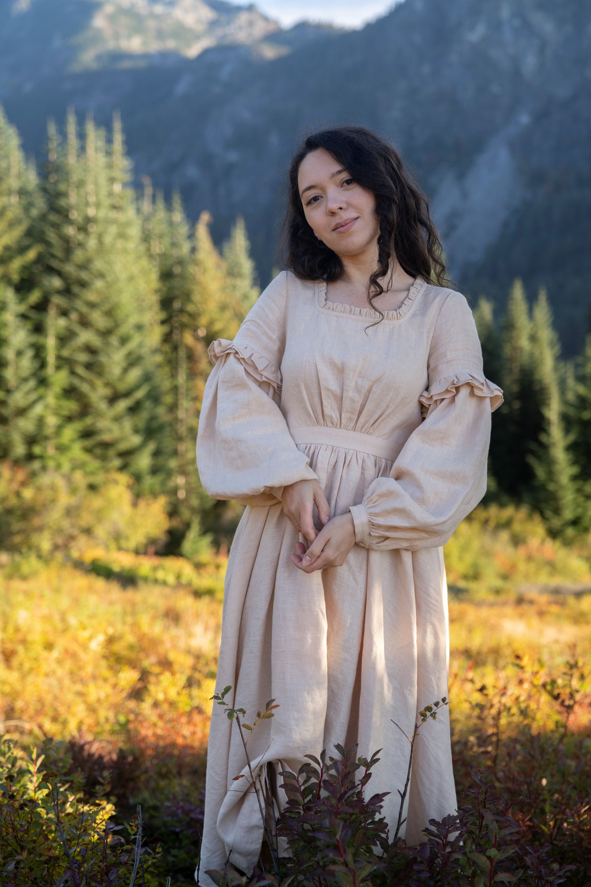 Ella linen dress with long sleeves in beige color. Collaboration collection of Little Women Atelier and Kayla Lobermeier and Jill Haupt of @underatinroof. Brand new linen clothes, linen vests, linen dresses, boustiers, chemise.