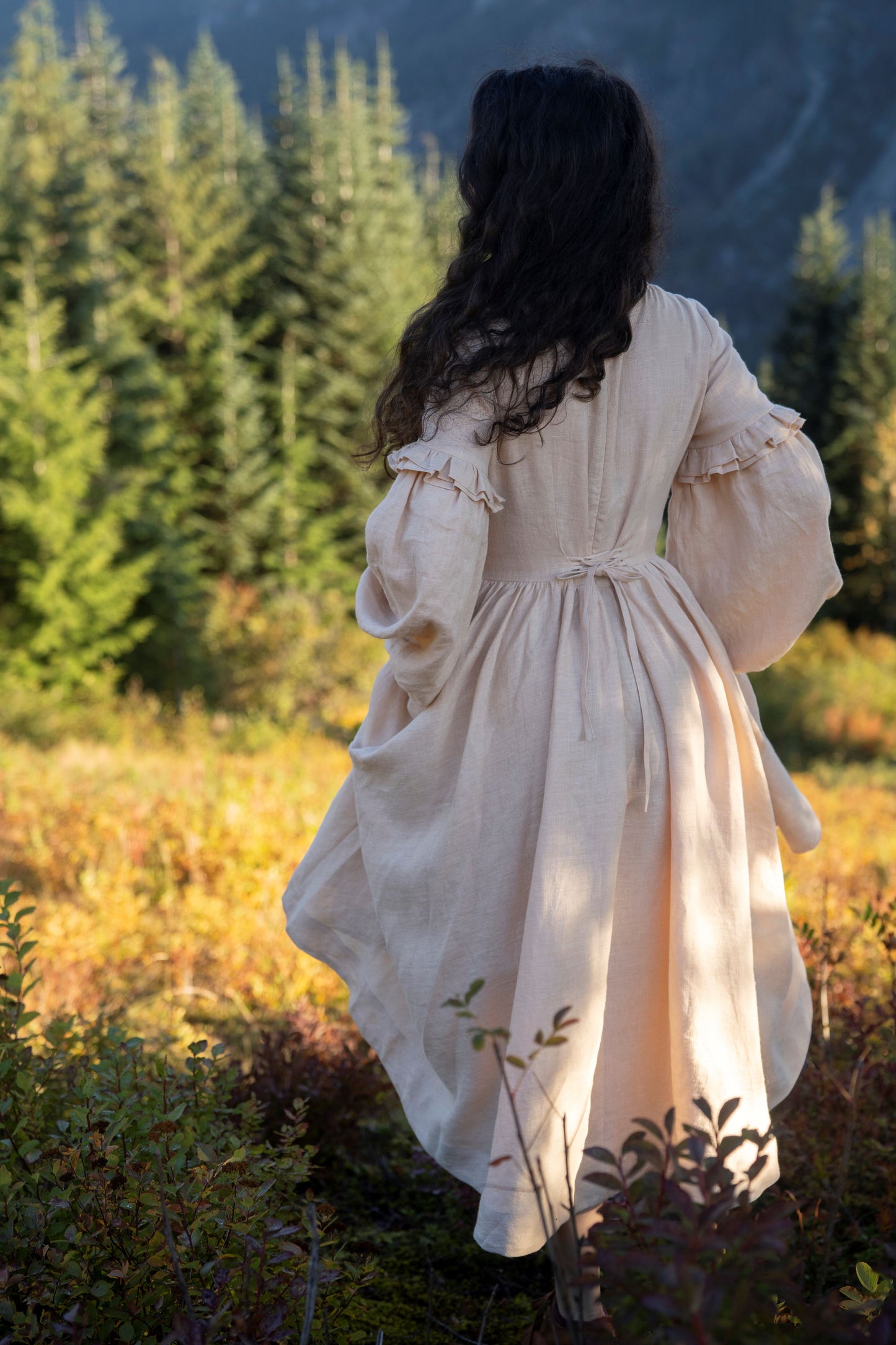 Ella linen dress with long sleeves in beige color for women. Collaboration collection of Little Women Atelier and Kayla Lobermeier and Jill Haupt of @underatinroof. Brand new linen clothes, linen vests, linen dresses, boustiers, chemise. 