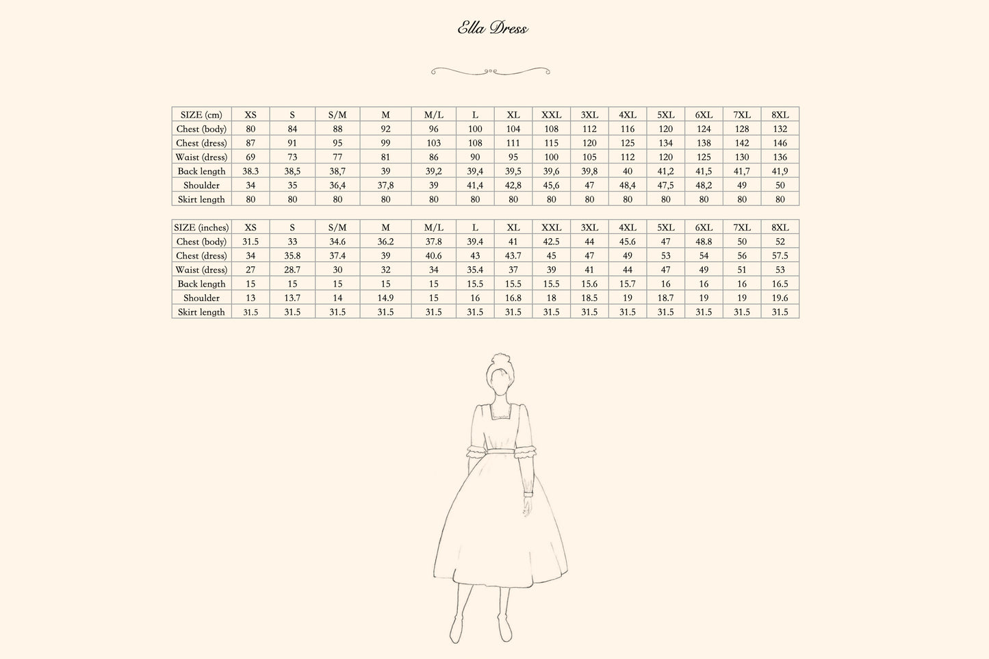 Ella linen dress size chart