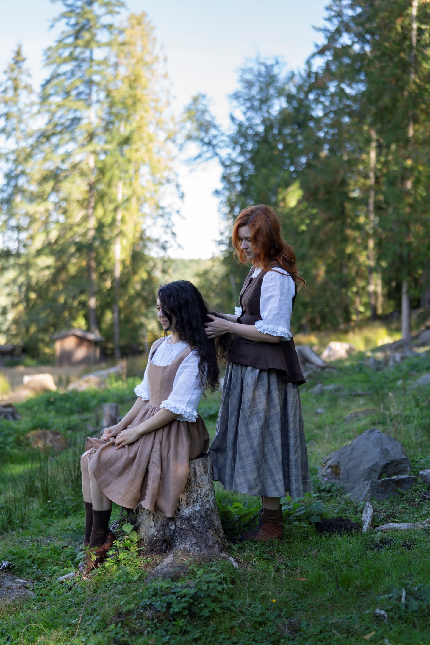 Fiona linen chemise in snow shite. Corset dress, Plaid Skirt, cingerbread linen bustier.