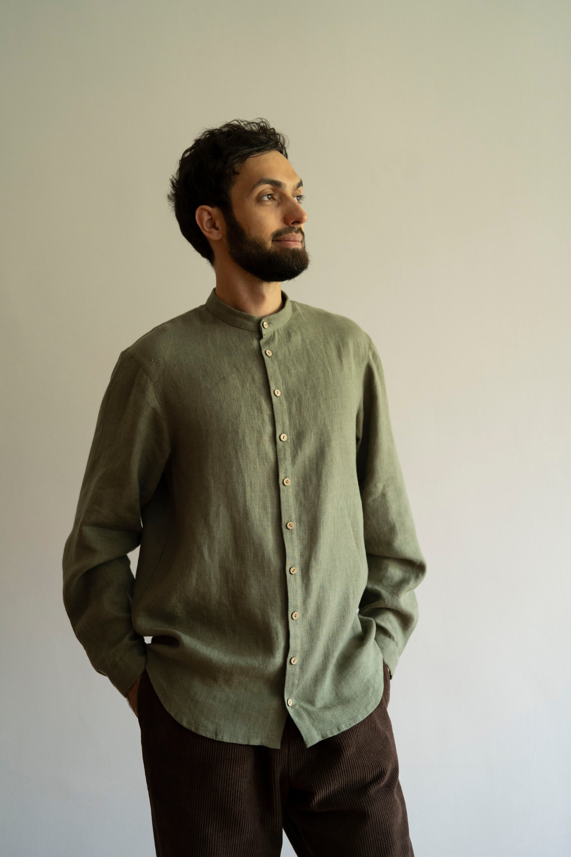 Men's linen Shirt with mandarin collar – LittleWomenAtelier