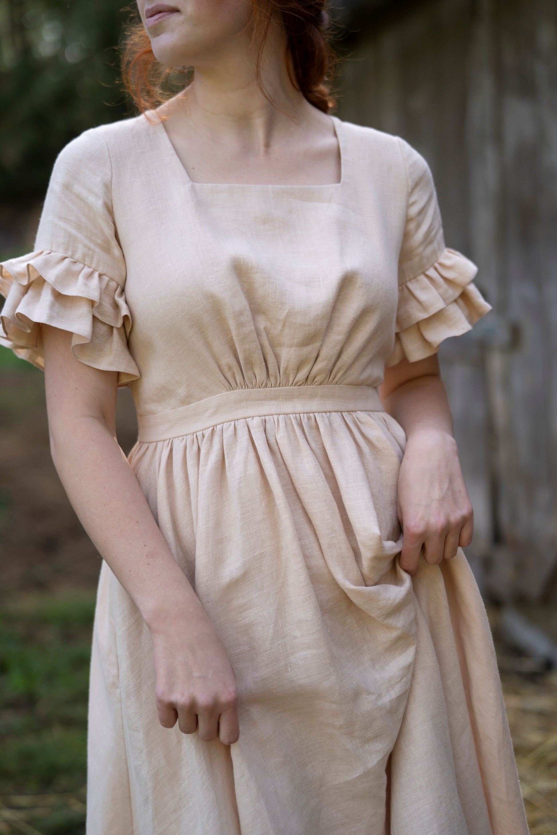 Odette Linen Dress in beige with short sleeves.• Slow Fashion
 • Sustainable Fashion
 • Ethical Clothing
 • Linen Clothing