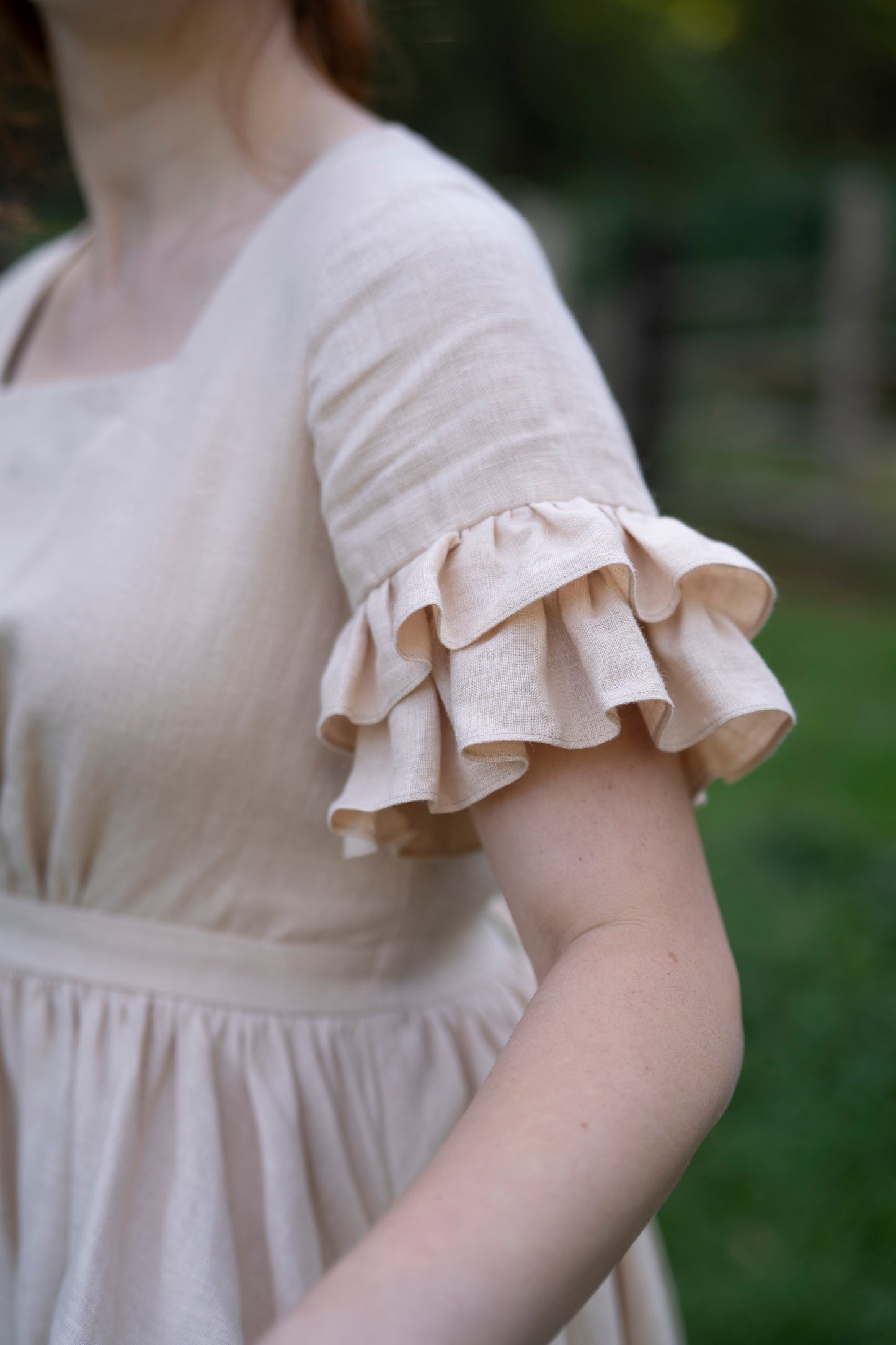 Odette Linen Dress in beige with short sleeves. A new collaboration of Little Women Atelier and Kayla Lobermeier and Jill Haupt of @underatinroof. Brand new linen clothes, linen vests, linen chemise, linen boustier. 
Cottagecore fashion