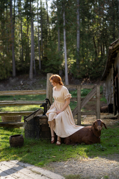 Odette Linen Dress in beige with short sleeves. • Slow Fashion
 • Sustainable Fashion
 • Ethical Clothing
 • Linen Clothing