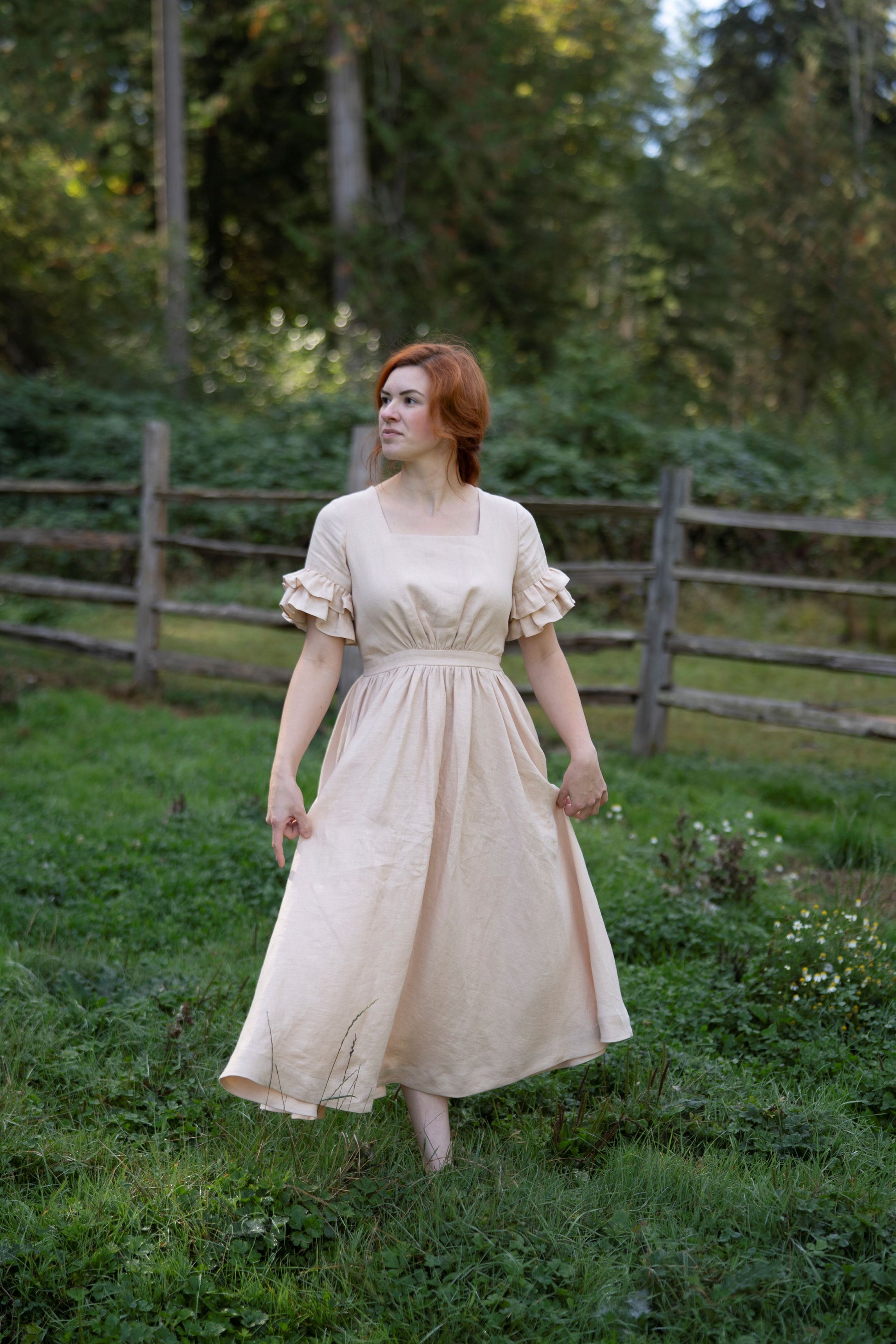  Linen dress Odette in beige with short sleeves, plaid skirt, chemise• Slow Fashion
  • Cottagecore Fashion
• Cottagecore Dresses
 • Vintage-Inspired Clothing