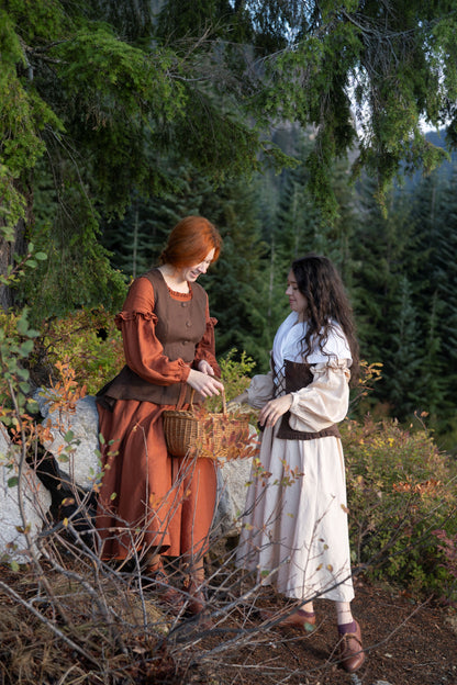 Linen bustier, ella linen dress with long sleeves. Elaine linen vest in chocolate, 
• Slow Fashion
 • Sustainable Fashion
 • Ethical Clothing
 • Linen Clothing