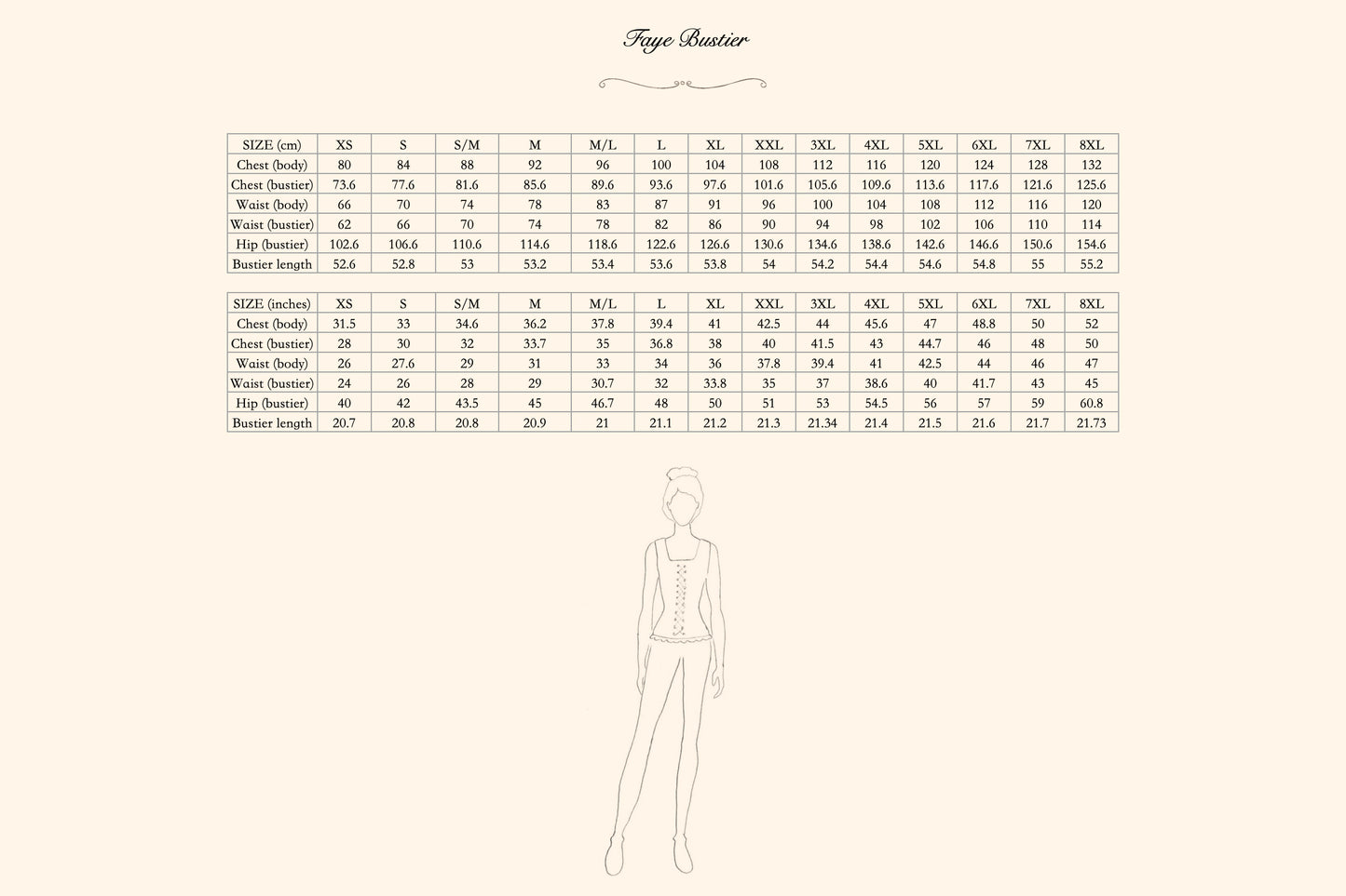 faye linen bustier size chart