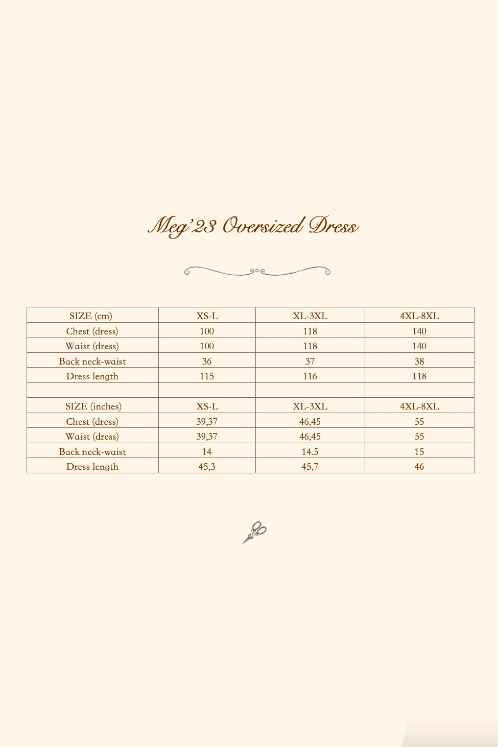 Meg versized linen dress size chart